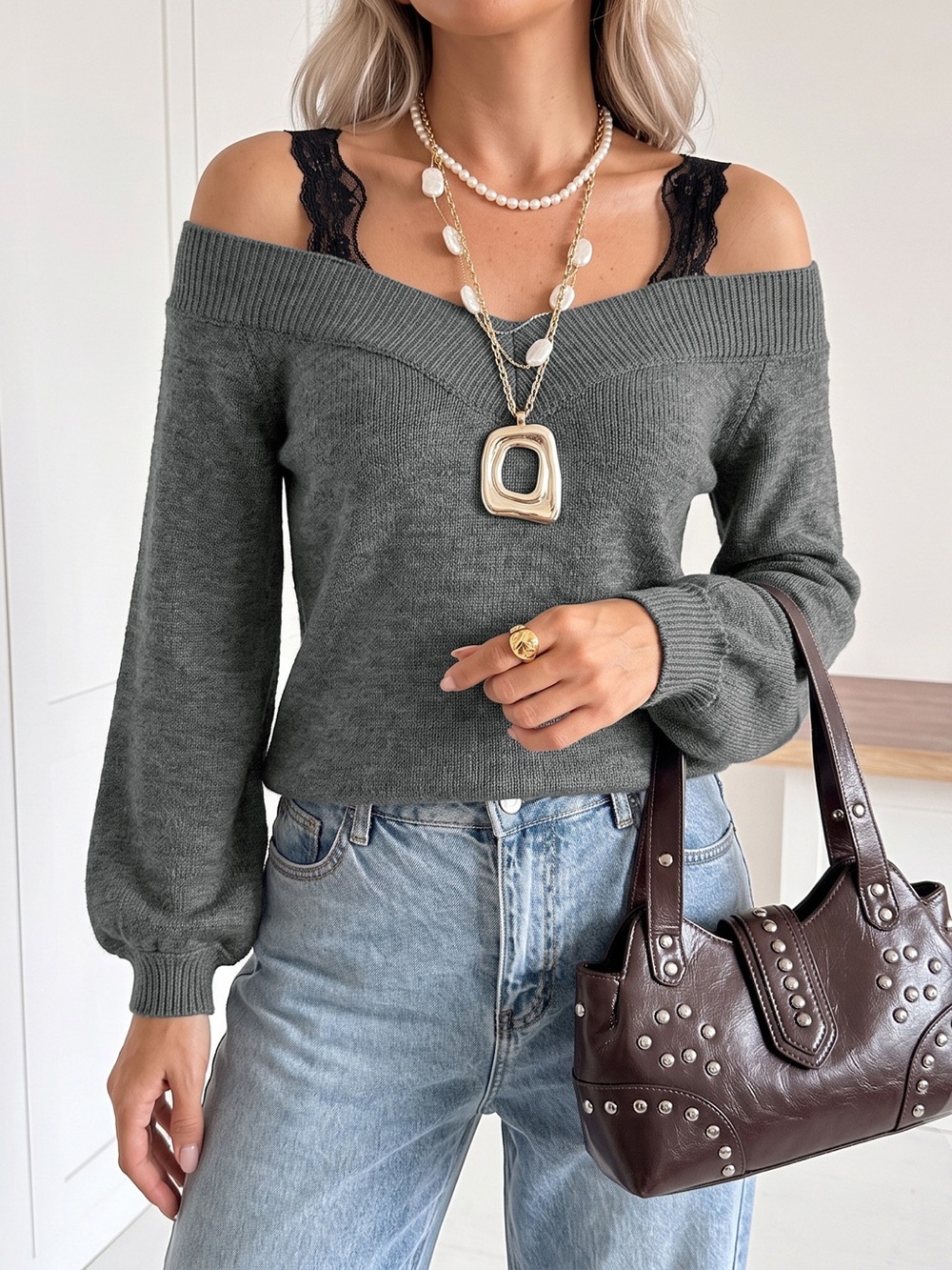 Off-Shoulder Lace Trim Sweater - Picture 2 of 14